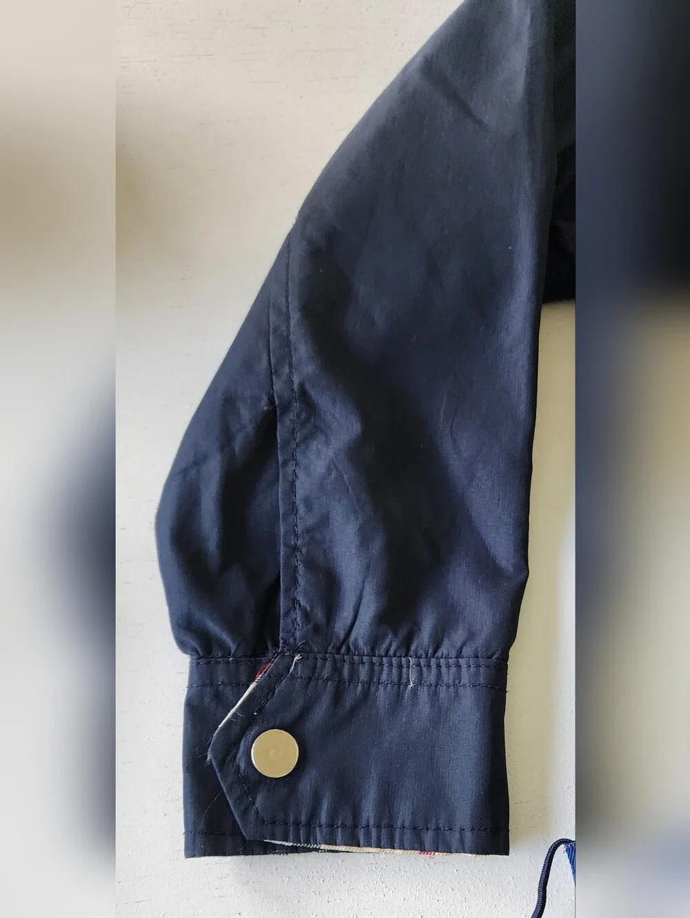 Navy Hooded Raincoat with Beige Check Hood Lining